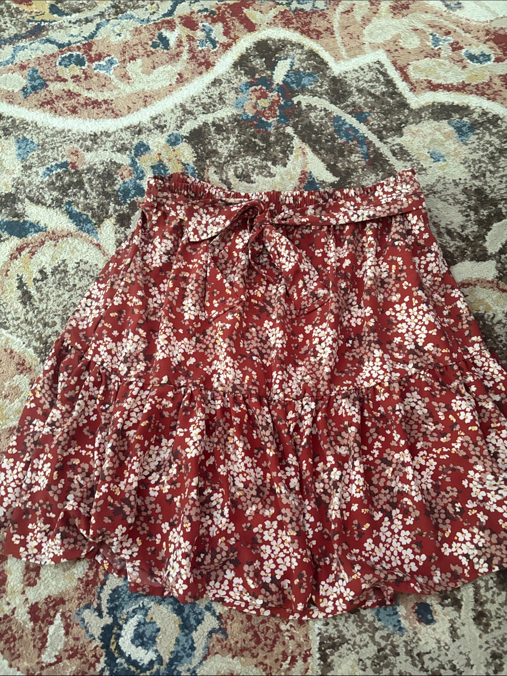 Women’s Floral Tie-Waist Tiered Skirt - Rust Red